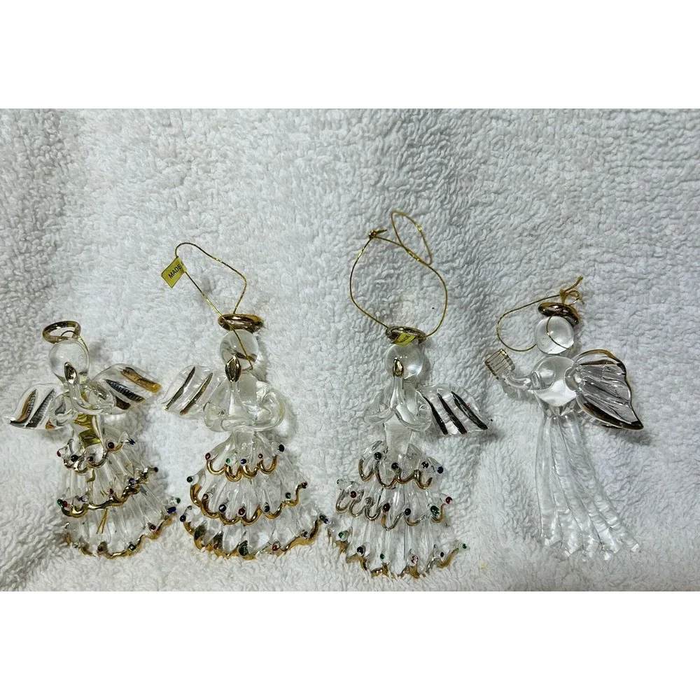 Clear Glass Gold Outlined Christmas Tree 3”‎ Angel Ornaments Lot of 4 -READ
